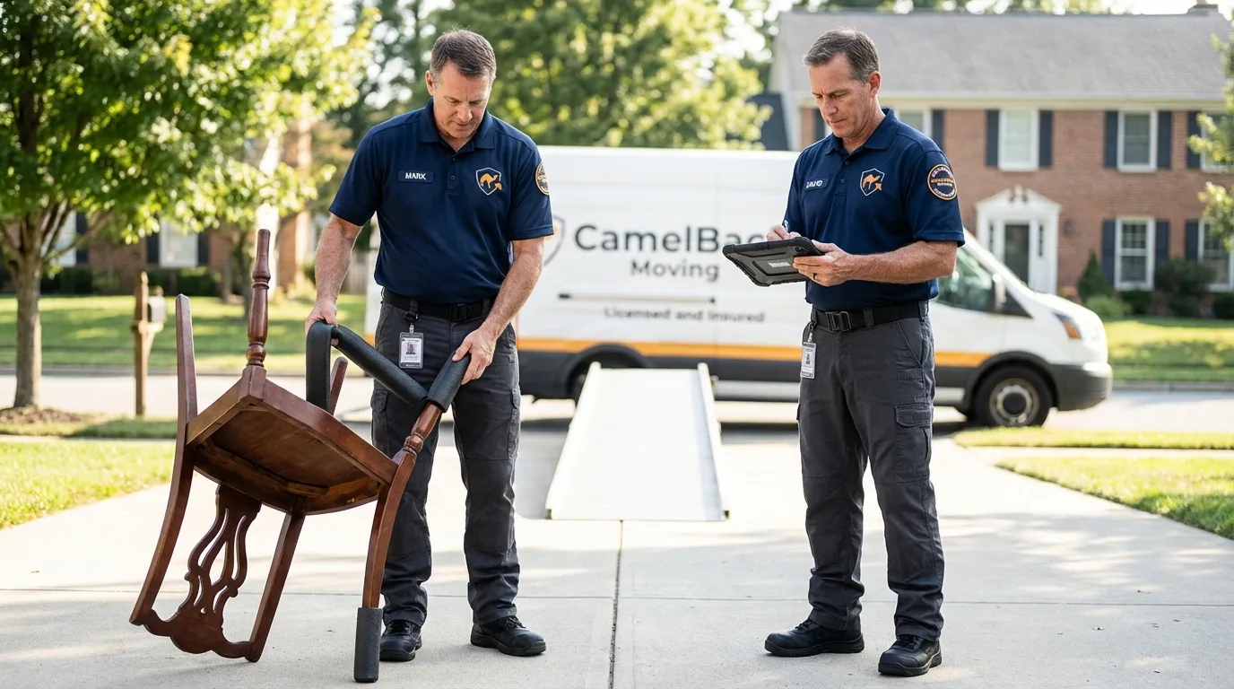 Movers inspecting furniture for damage prevention before loading in Sabattus, ME